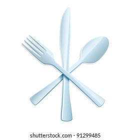 Fork, spoon and knife on white background