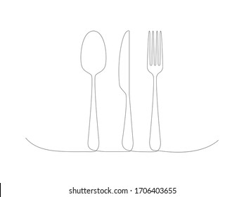 Fork, spoon and knife one continuous line. Eating utensils linear set. Vector illustration isolated on white background.