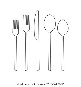 Fork, spoon, knife outline icon. Cutlery set. Modern silverware or tableware black silhouette. Vector illustration. 