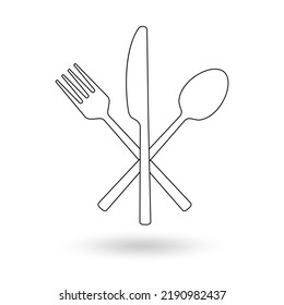 Fork, spoon and knife outline icon. Crossed cutlery silhouette. Silverware symbol. Vector illustration.