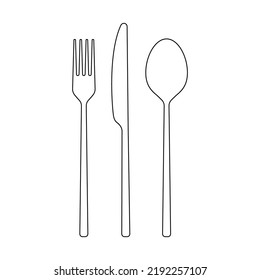 Icono de horquilla, cuchara, contorno de cuchillo. Juego de cubiertos. Silueta negra moderna de cubiertos o de vajilla. Ilustración vectorial. 