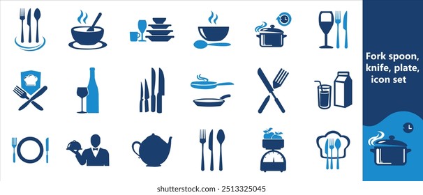  Fork, spoon, knife, plate, chef hat, and cloche or tray icon. Cutlery icon set in line and flat style. Dinnerware icon symbol. Restaurant sign and symbol. Vector illustration