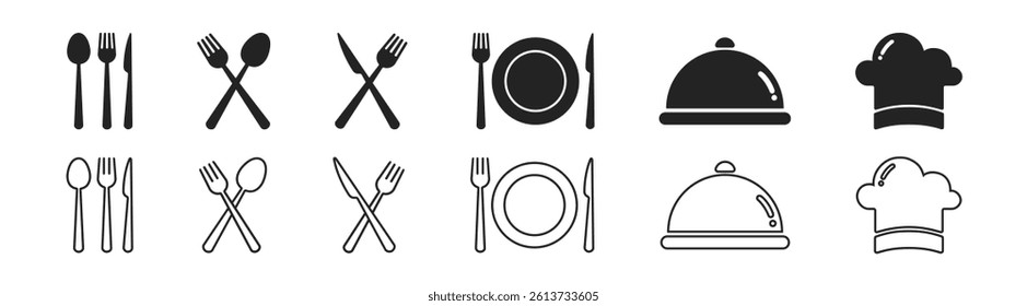 Fork, spoon, knife, plate, chef hat, and cloche or tray icon. Catering icon set.Vector illustration.