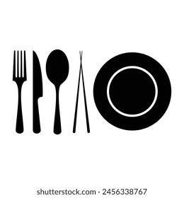Fork, spoon, knife, plate and chopsticks icon Vector illustration