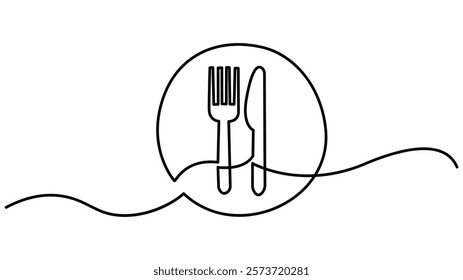 fork, spoon, knife and plate Continuous One Line Drawing, minimalist one line drawing of cutlery, Line drawing Menu food design vector illustration 