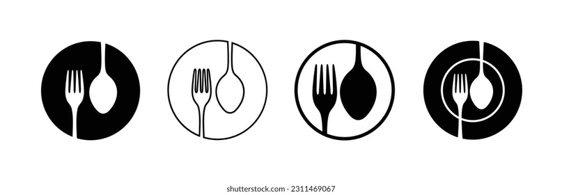 Fork, spoon, knife and plate icon set in line. Silhouette of cutlery logo. Tableware vector stock.