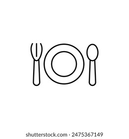 Fork, spoon, knife, and plate icon. Cutlery icon set in line and flat style. Dinnerware icon symbol in the circle. Restaurant sign and symbol.