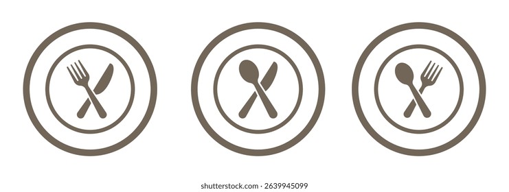 Fork, spoon, knife, and plate icon. Cutlery icon set in line and flat style. Dinnerware icon symbol in the circle. Restaurant sign and symbol. Vector illustration