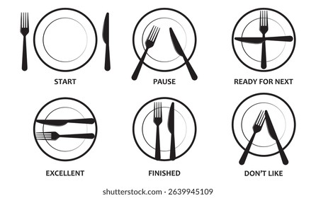 Fork, spoon, knife, and plate icon. Cutlery icon set in line and flat style. Dinnerware icon symbol in the circle. Restaurant sign and symbol. Vector illustration 