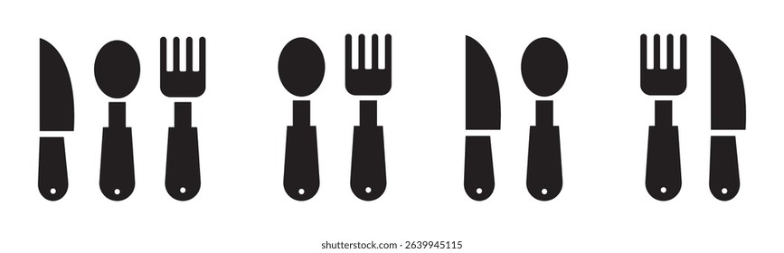 Fork, spoon, knife, and plate icon. Cutlery icon set in line and flat style. Dinnerware icon symbol in the circle. Restaurant sign and symbol. Vector illustration