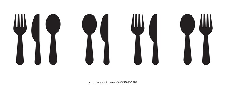Fork, spoon, knife, and plate icon. Cutlery icon set in line and flat style. Dinnerware icon symbol in the circle. Restaurant sign and symbol. Vector illustration 