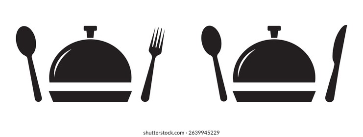 Fork, spoon, knife, and plate icon. Cutlery icon set in line and flat style. Dinnerware icon symbol in the circle. Restaurant sign and symbol. Vector illustration 

