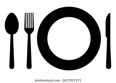 Tenedor, cuchara, cuchillo y placa icono silueta de Vector. Símbolo de menú. Instrumentos de vajilla. Comida, plato, tenedor, cuchillo, cuchara, Ilustración vectorial.