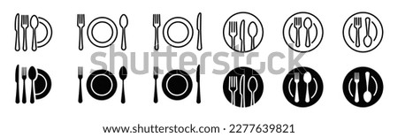 Fork, spoon, knife, and plate icon. Cutlery icon set in line and flat style. Dinnerware icon symbol in the circle. Restaurant sign and symbol. Vector illustration