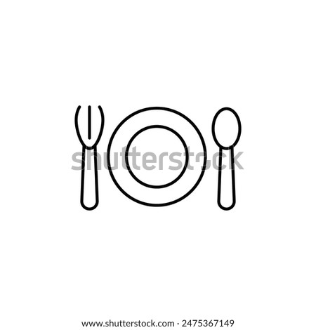 Fork, spoon, knife, and plate icon. Cutlery icon set in line and flat style. Dinnerware icon symbol in the circle. Restaurant sign and symbol.