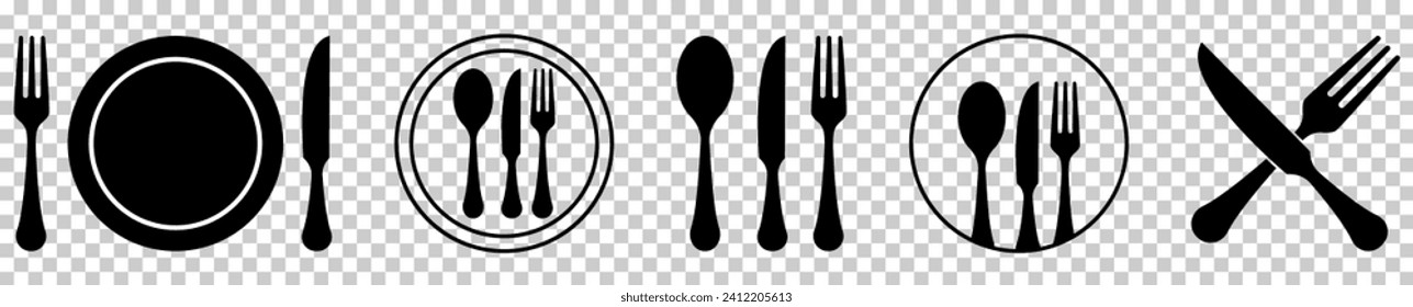 Fork, spoon, knife and plate icons. Dinner service set. Vector illustration isolated on transparent background
