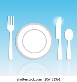 Fork, spoon, knife and plate isolated on white background. 
