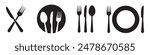 Fork, spoon, knife and plate. Menu symbol. Tableware instruments. Restaurant icon. Food, plate, fork, knife, spoon, cutlery icon set.