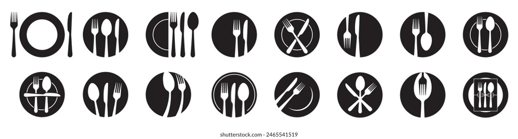 Fork, spoon, knife and plate. Menu symbol. Tableware instruments. Restaurant icon. Food, plate, fork, knife, spoon, cutlery icon set.