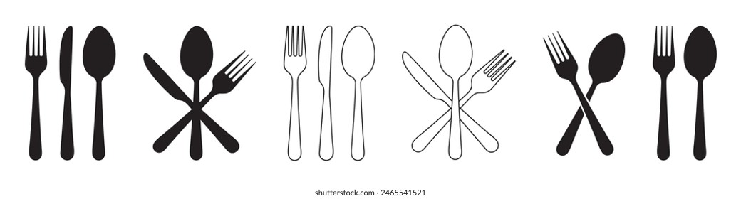 Tenedor, cuchara, cuchillo y plato. Símbolo de menú. Instrumentos de mesa. Icono del restaurante. Comida, plato, tenedor, cuchillo, cuchara, cubertería icono conjunto.