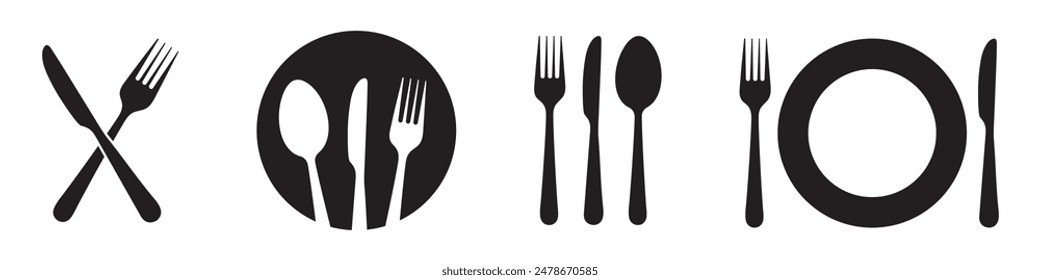 Fork, spoon, knife and plate. Menu symbol. Tableware instruments. Restaurant icon. Food, plate, fork, knife, spoon, cutlery icon set.