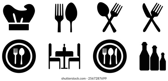 Fork, spoon, knife and plate. Menu symbol. Tableware instruments. Restaurant icon. Food, plate, fork, knife, spoon, cutlery icon set