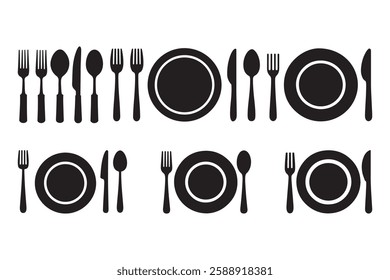Fork, spoon, knife and plate. Menu symbol. Tableware instruments. Restaurant icon Design art Illustration.