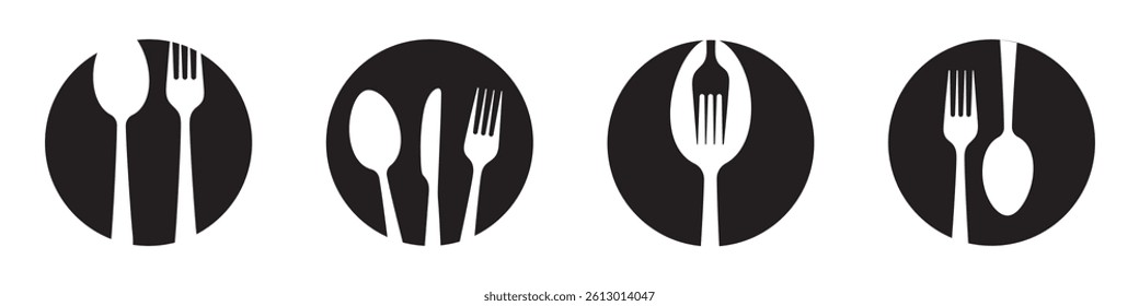 Fork, spoon, knife and plate. Menu symbol. Tableware instruments. Restaurant icon. Food, plate, fork, knife, spoon, cutlery icon set.