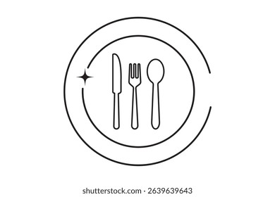 Fork, spoon, knife and plate. Menu symbol.  Food, plate, fork, knife, spoon, cutlery icon set.  