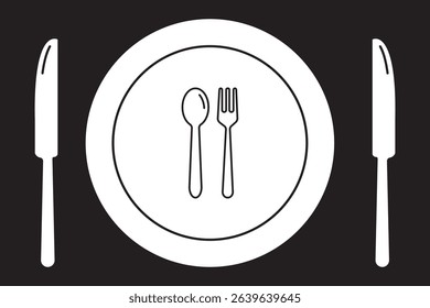 Fork, spoon, knife and plate. Menu symbol.  Food, plate, fork, knife, spoon, cutlery icon set.  