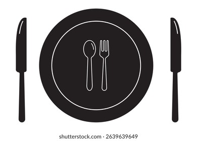 Fork, spoon, knife and plate. Menu symbol.  Food, plate, fork, knife, spoon, cutlery icon set.  