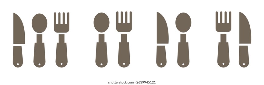 Fork, spoon, knife and plate. Menu symbol. Tableware instruments. Restaurant icon. Food, plate, fork, knife, spoon, cutlery icon set.