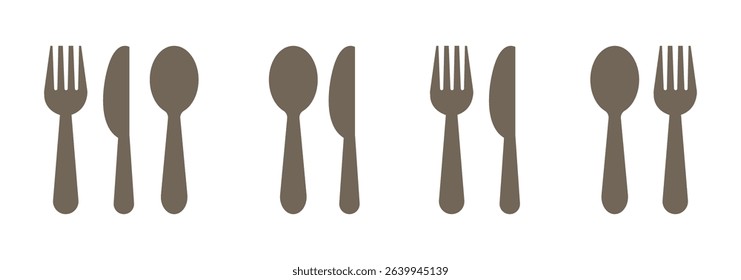 Fork, spoon, knife and plate. Menu symbol. Tableware instruments. Restaurant icon. Food, plate, fork, knife, spoon, cutlery icon set.