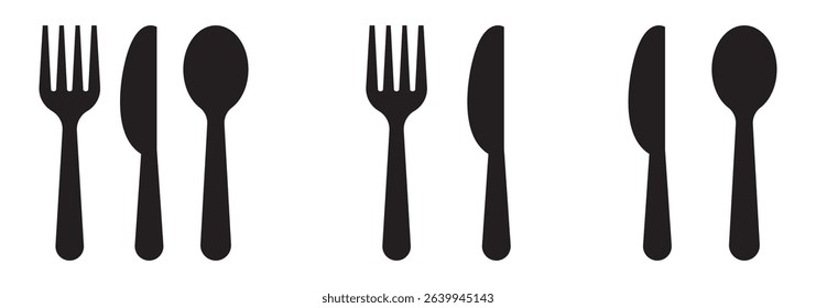 Fork, spoon, knife and plate. Menu symbol. Tableware instruments. Restaurant icon. Food, plate, fork, knife, spoon, cutlery icon set.
