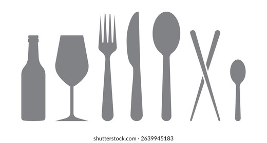Fork, spoon, knife and plate. Menu symbol. Tableware instruments. Restaurant icon. Food, plate, fork, knife, spoon, cutlery icon set. 