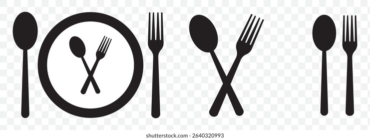 Fork, spoon, knife and plate. Menu symbol. Tableware instruments. Restaurant icon. Food, plate, fork, knife, spoon, cutlery icon set on Transparent Background. EPS 10.