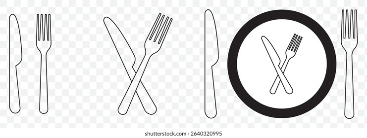 Fork, spoon, knife and plate. Menu symbol. Tableware instruments. Restaurant icon. Food, plate, fork, knife, spoon, cutlery icon set on Transparent Background. EPS 10.