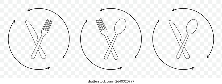 Fork, spoon, knife and plate. Menu symbol. Tableware instruments. Restaurant icon. Food, plate, fork, knife, spoon, cutlery icon set on Transparent Background. EPS 10.