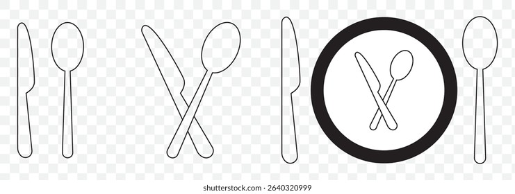 Fork, spoon, knife and plate. Menu symbol. Tableware instruments. Restaurant icon. Food, plate, fork, knife, spoon, cutlery icon set on Transparent Background. EPS 10.