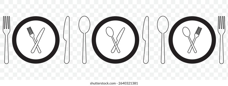Fork, spoon, knife and plate. Menu symbol. Tableware instruments. Restaurant icon. Food, plate, fork, knife, spoon, cutlery icon set on Transparent Background. EPS 10.