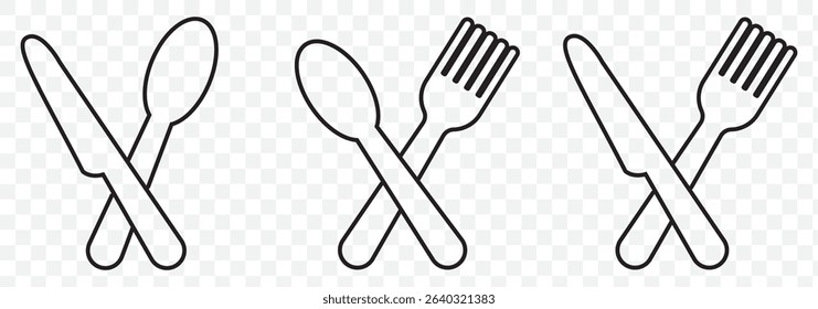 Fork, spoon, knife and plate. Menu symbol. Tableware instruments. Restaurant icon. Food, plate, fork, knife, spoon, cutlery icon set on Transparent Background. EPS 10.