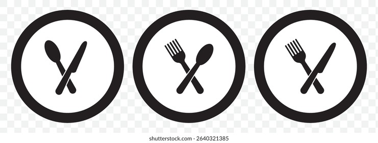 Fork, spoon, knife and plate. Menu symbol. Tableware instruments. Restaurant icon. Food, plate, fork, knife, spoon, cutlery icon set on Transparent Background. EPS 10.