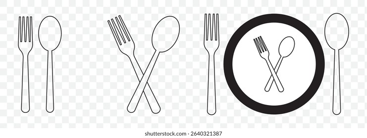 Fork, spoon, knife and plate. Menu symbol. Tableware instruments. Restaurant icon. Food, plate, fork, knife, spoon, cutlery icon set on Transparent Background. EPS 10.