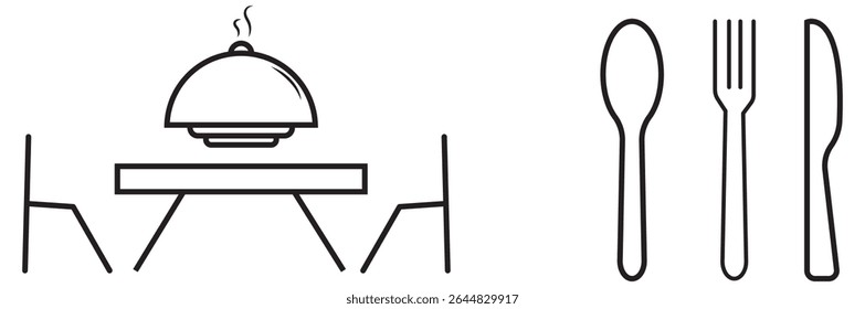Fork, spoon, knife and plate. Menu symbol. Tableware instruments. Restaurant icon. Food, plate, fork, knife, spoon, cutlery icon set. Design EPS10 