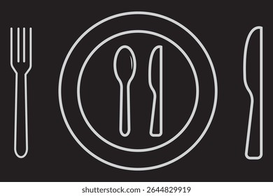 Fork, spoon, knife and plate. Menu symbol. Tableware instruments. Restaurant icon. Food, plate, fork, knife, spoon, cutlery icon set. Design EPS10 