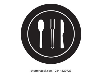 Fork, spoon, knife and plate. Menu symbol. Tableware instruments. Restaurant icon. Food, plate, fork, knife, spoon, cutlery icon set. Design EPS10 