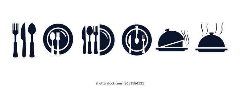 Garfo, colher, faca e prato. Símbolo de menu. Instrumentos de louça. Ícone do restaurante. Comida, prato, garfo, faca, colher, cloche cutlery ícone set.