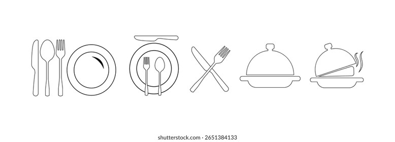 Garfo, colher, faca e prato. Símbolo de menu. Instrumentos de louça. Ícone do restaurante. Comida, prato, garfo, faca, colher, cloche cutlery ícone set.