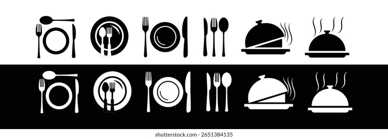 Garfo, colher, faca e prato. Símbolo de menu. Instrumentos de louça. Ícone do restaurante. Comida, prato, garfo, faca, colher, cloche cutlery ícone set.