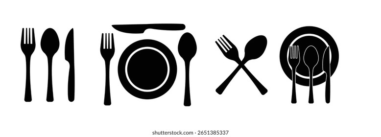 Garfo, colher, faca e prato. Símbolo de menu. Instrumentos de louça. Ícone do restaurante. Comida, prato, garfo, faca, colher, conjunto de ícone de talheres.